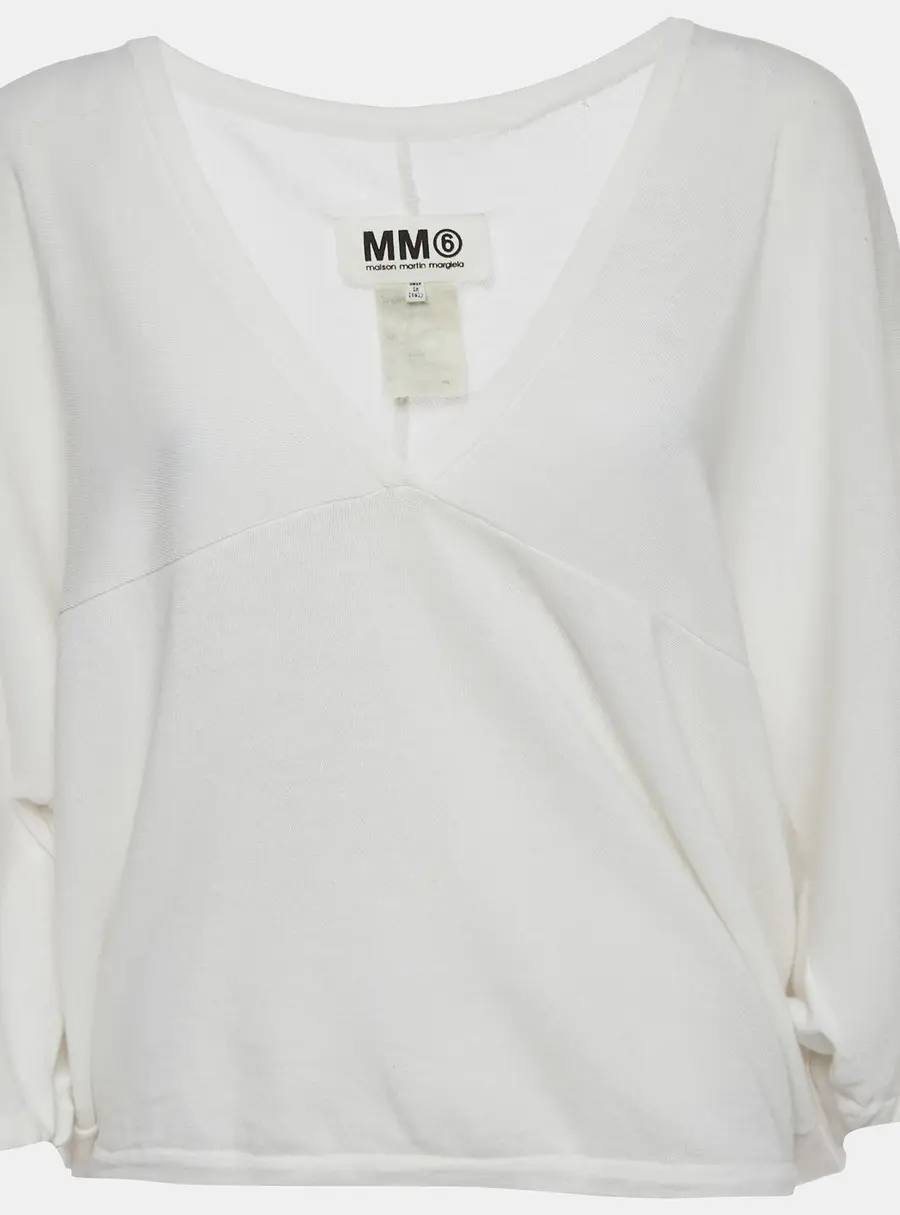 MM6 Maison Margiela White  Jersey V-Neck Long Sleeve Top M