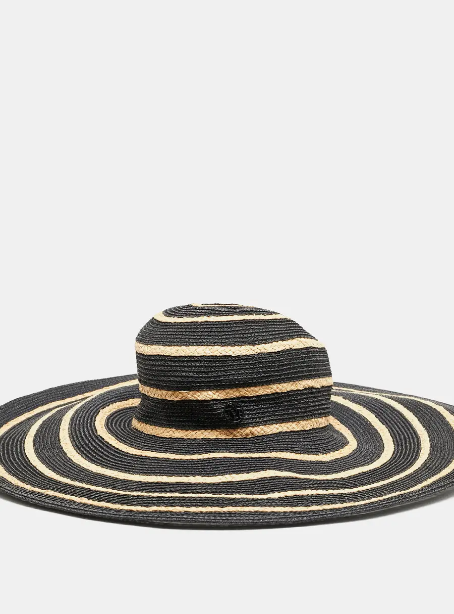 Maison Michel Paris Black Striped Straw Ursula Hat L