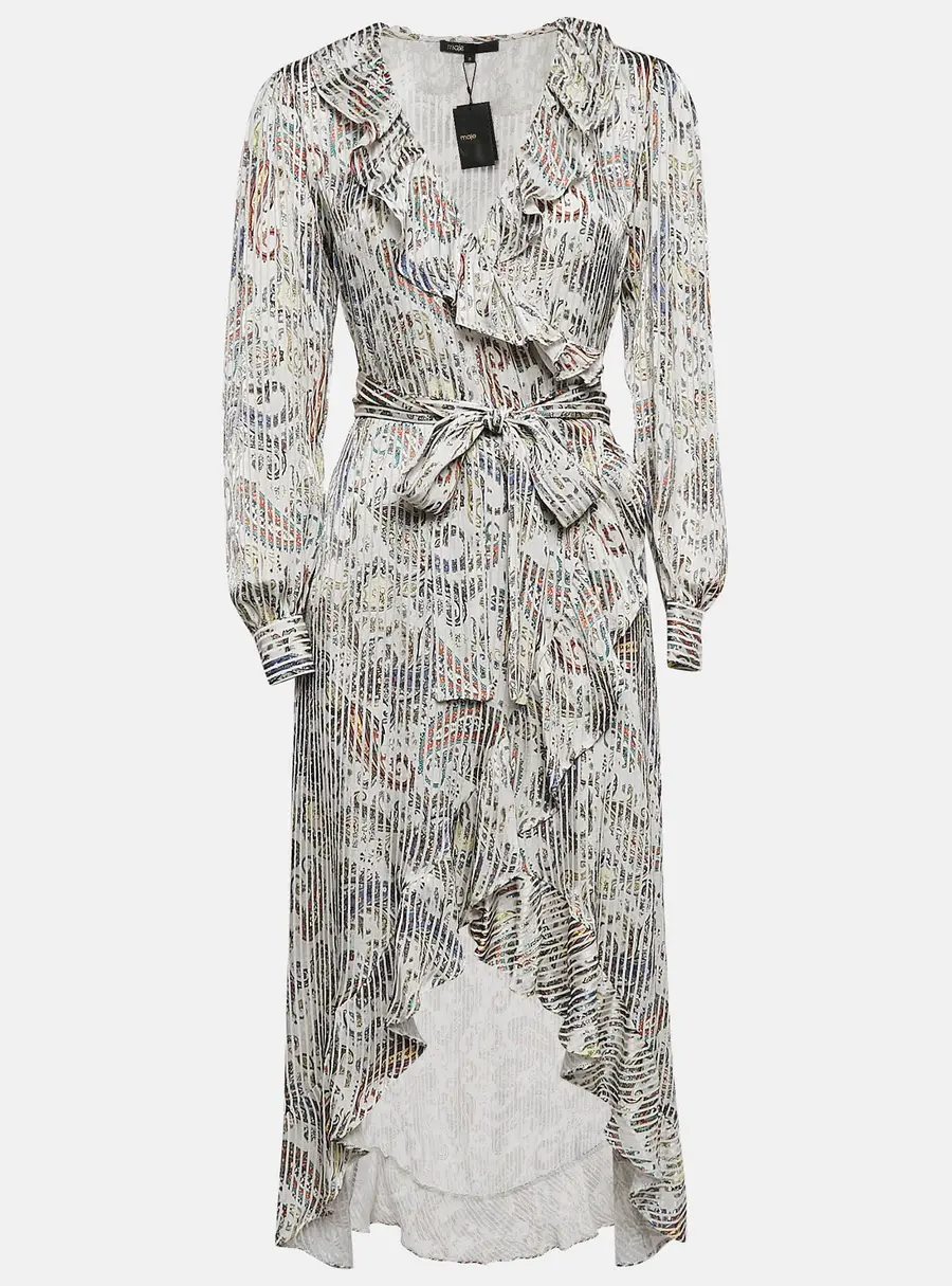 Maje Grey/Multicolor Paisley Print Crepe Midi Wrap Argent Dress L