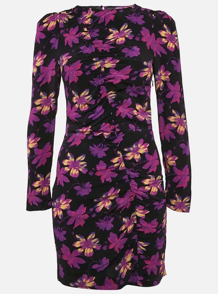 Maje Black Floral Ruched Long Sleeve Mini Dress S