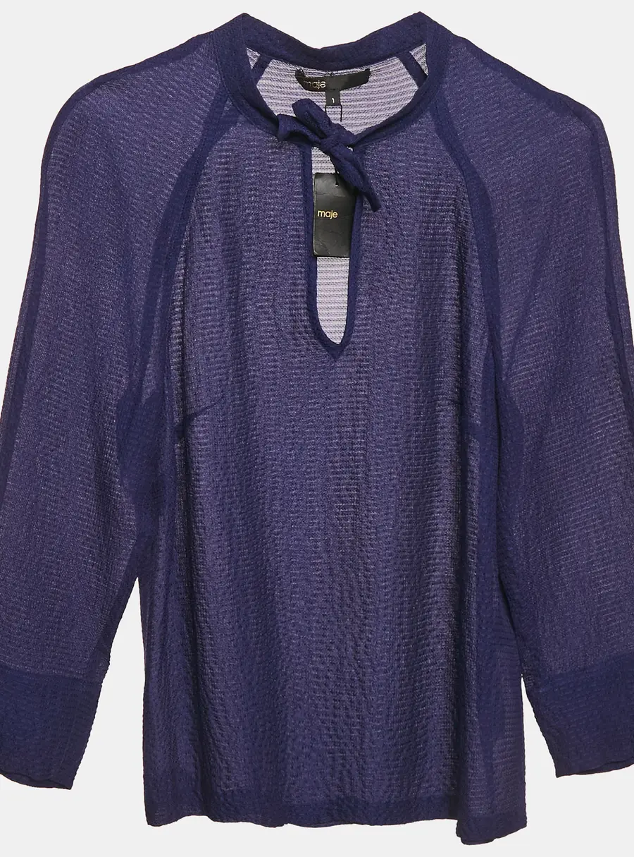 Maje Navy Blue Textured Silk Tie-Up Neck Detail Top S