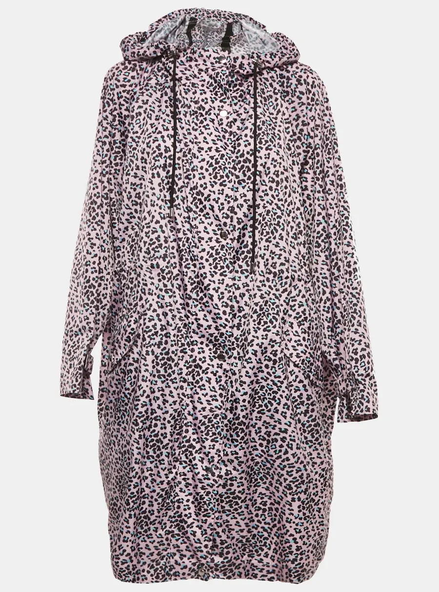 Maje Pink Leopard Print Synthetic Zip-Up Hooded Long Coat S
