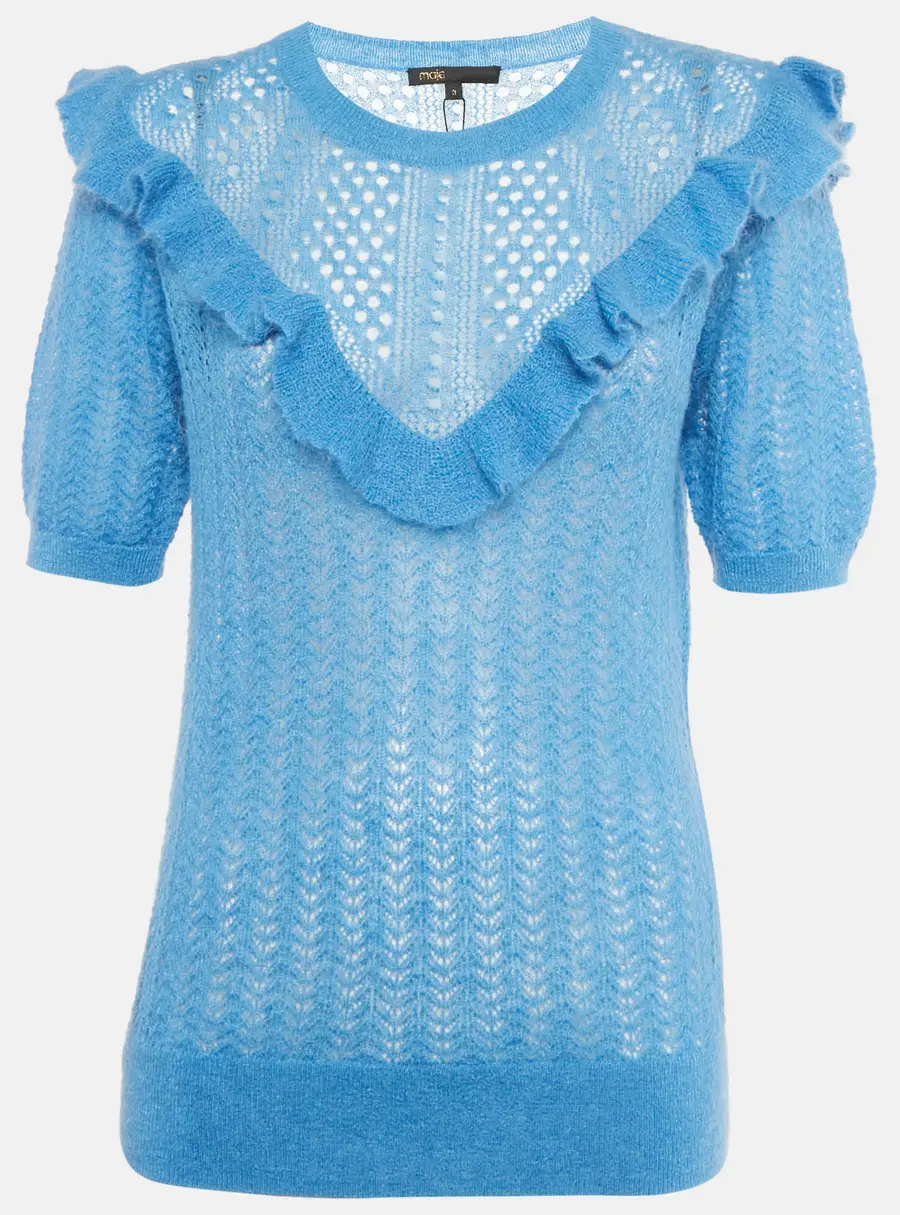 Maje Blue Mohair Wool Open Knit Ruffled Top L