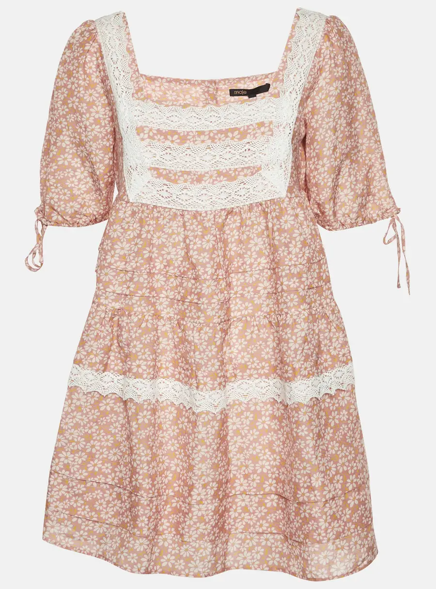 Maje Pink Floral Print Linen Blend Lace Trim Dress S