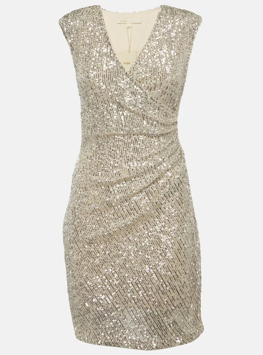 Maje Silver Sequined Embellished Wrap Mini Dress L