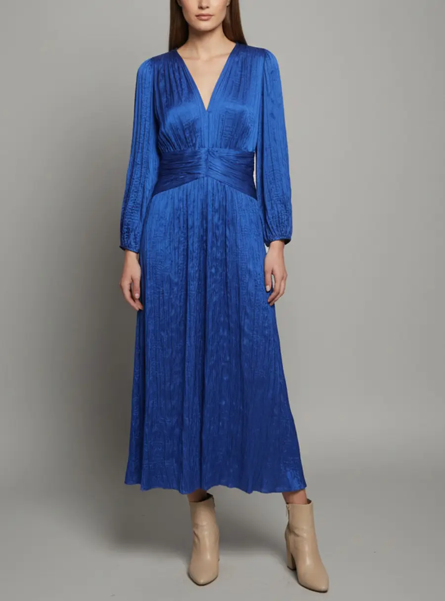 Maje Blue Satin Pleated Raleyma Maxi Dress XL