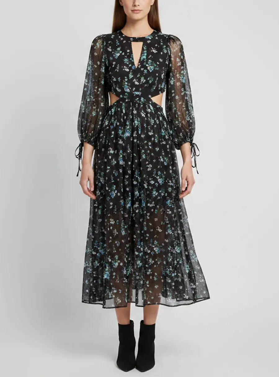 Maje Black Floral Print Chiffon Cut-out Maxi Dress S