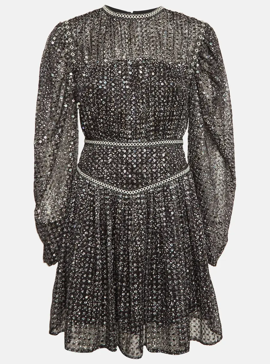 Maje Black Sequin Crepe Pleated Mini Dress S