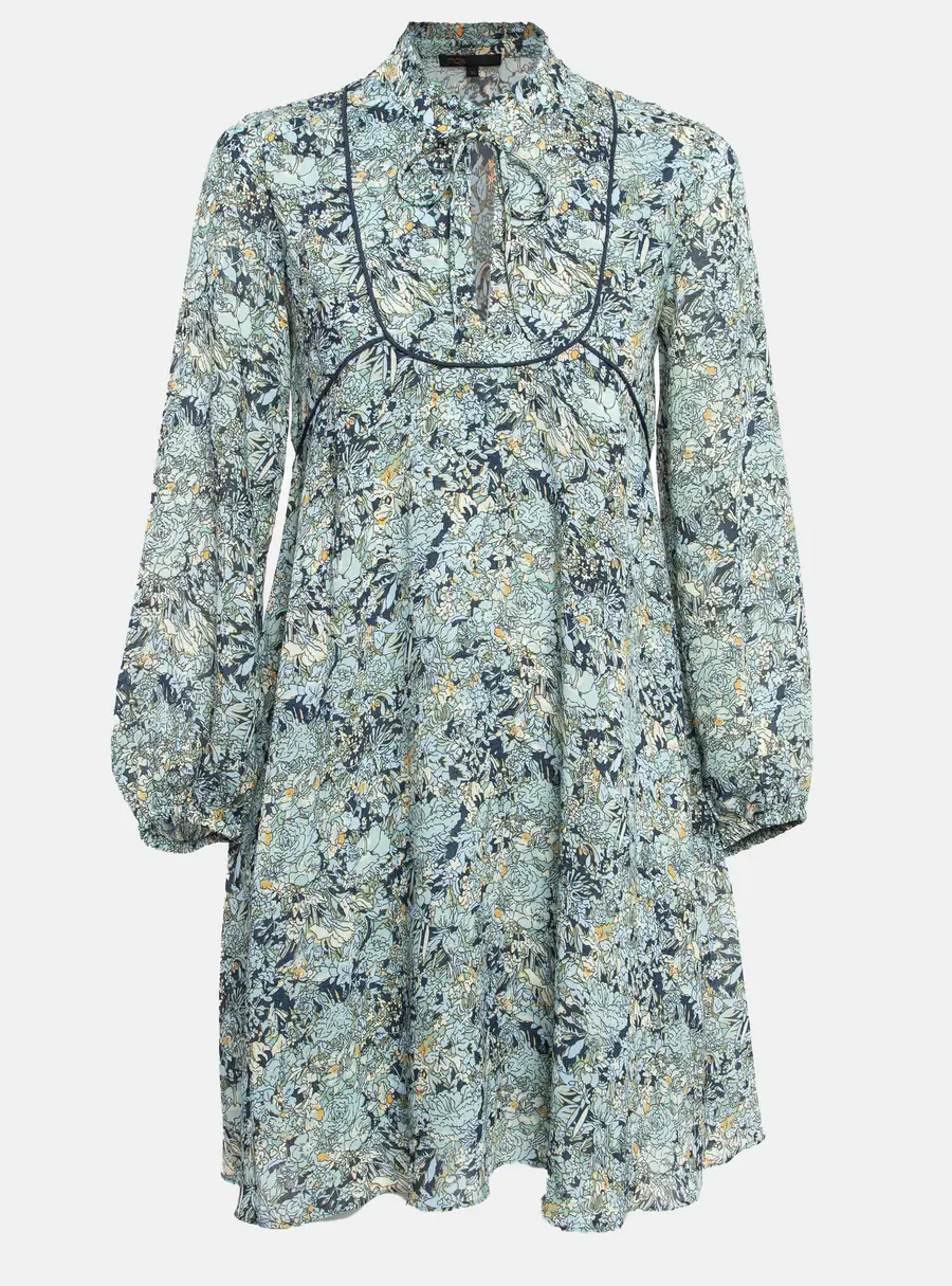 Maje Blue Printed Crepe Neck Tie-Up Mini Dress XS