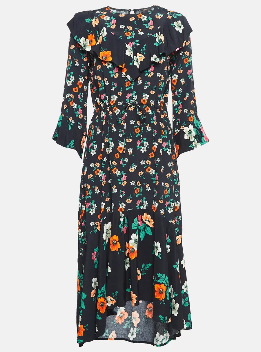 Maje Black Floral Print Crepe Ruffled Midi Dress M