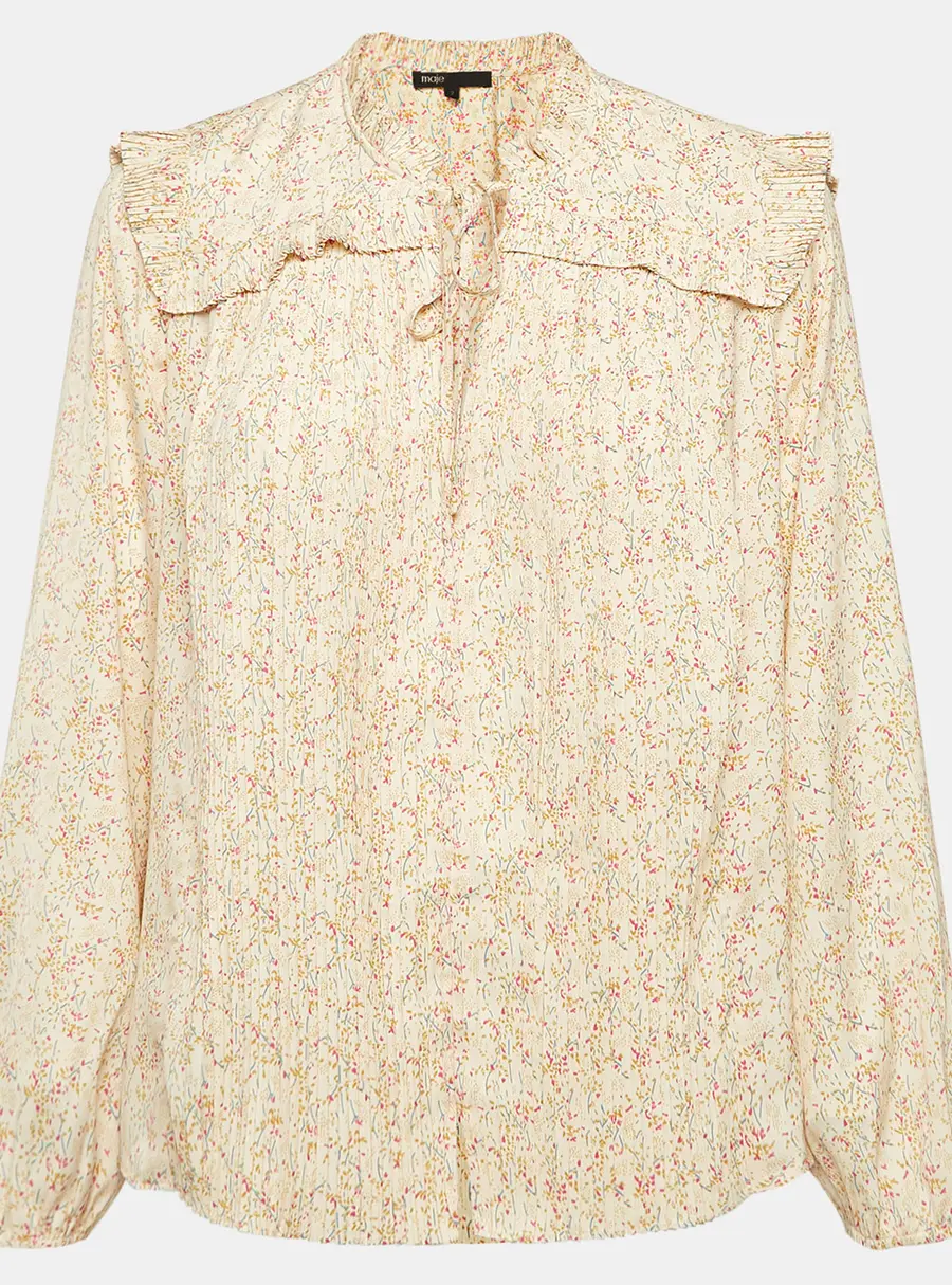 Maje Beige Printed Crepe Plisse Detail Top M