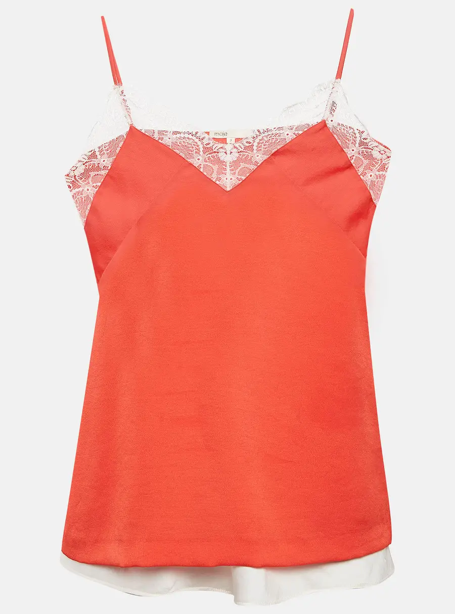Maje Orange/White Crepe and Satin Lace Trim Camisole Top Set of 2 M/L