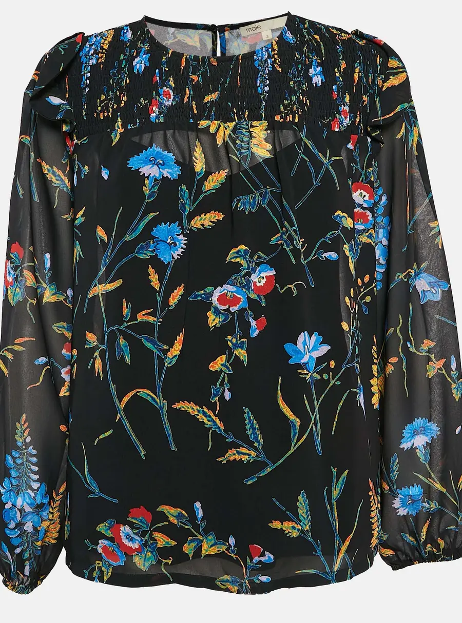 Maje Black Floral Print Crepe Smocked Top L