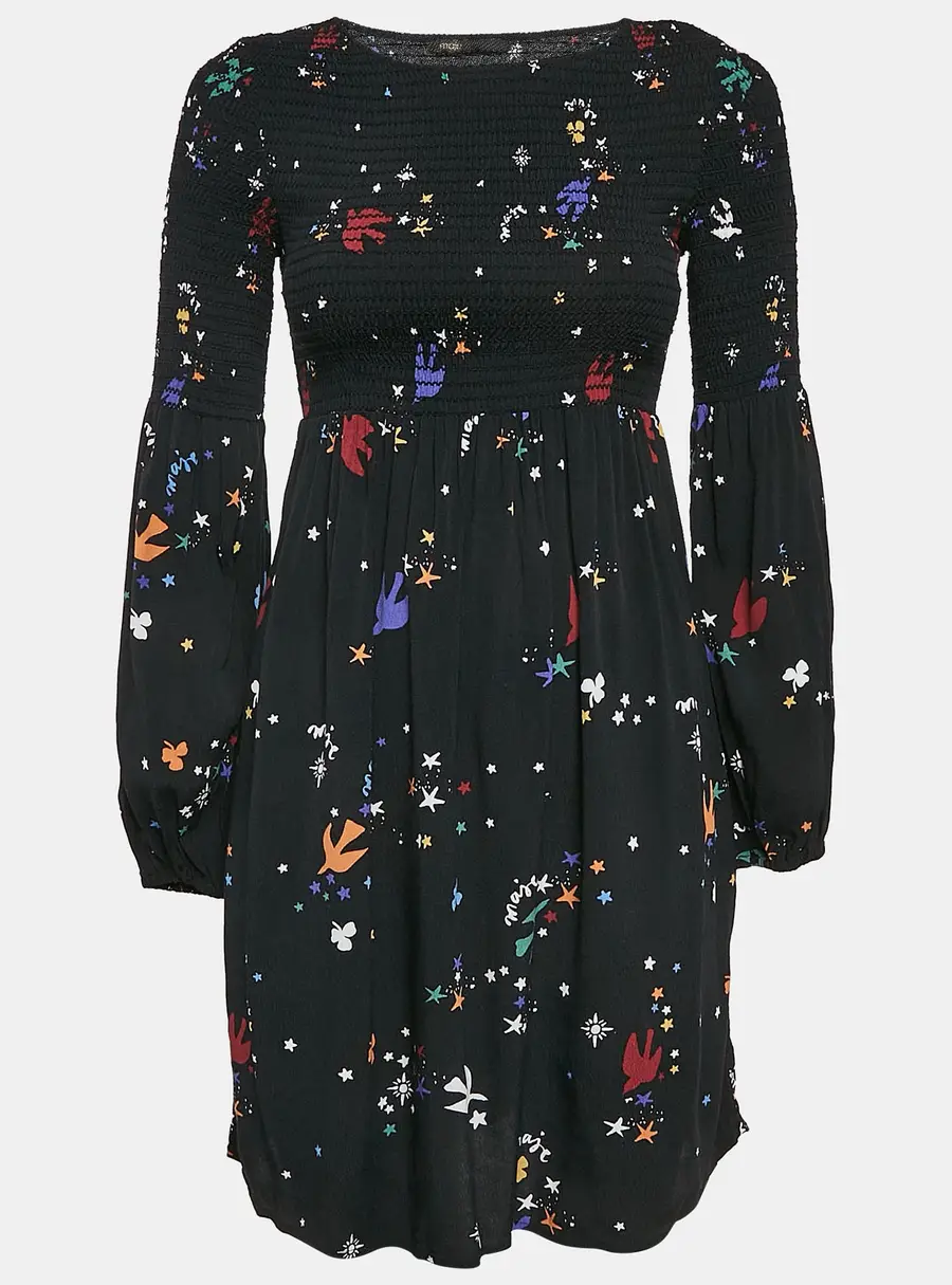 Maje Black Bird and Star Print Crepe Smocked Reskita Mini Dress XS
