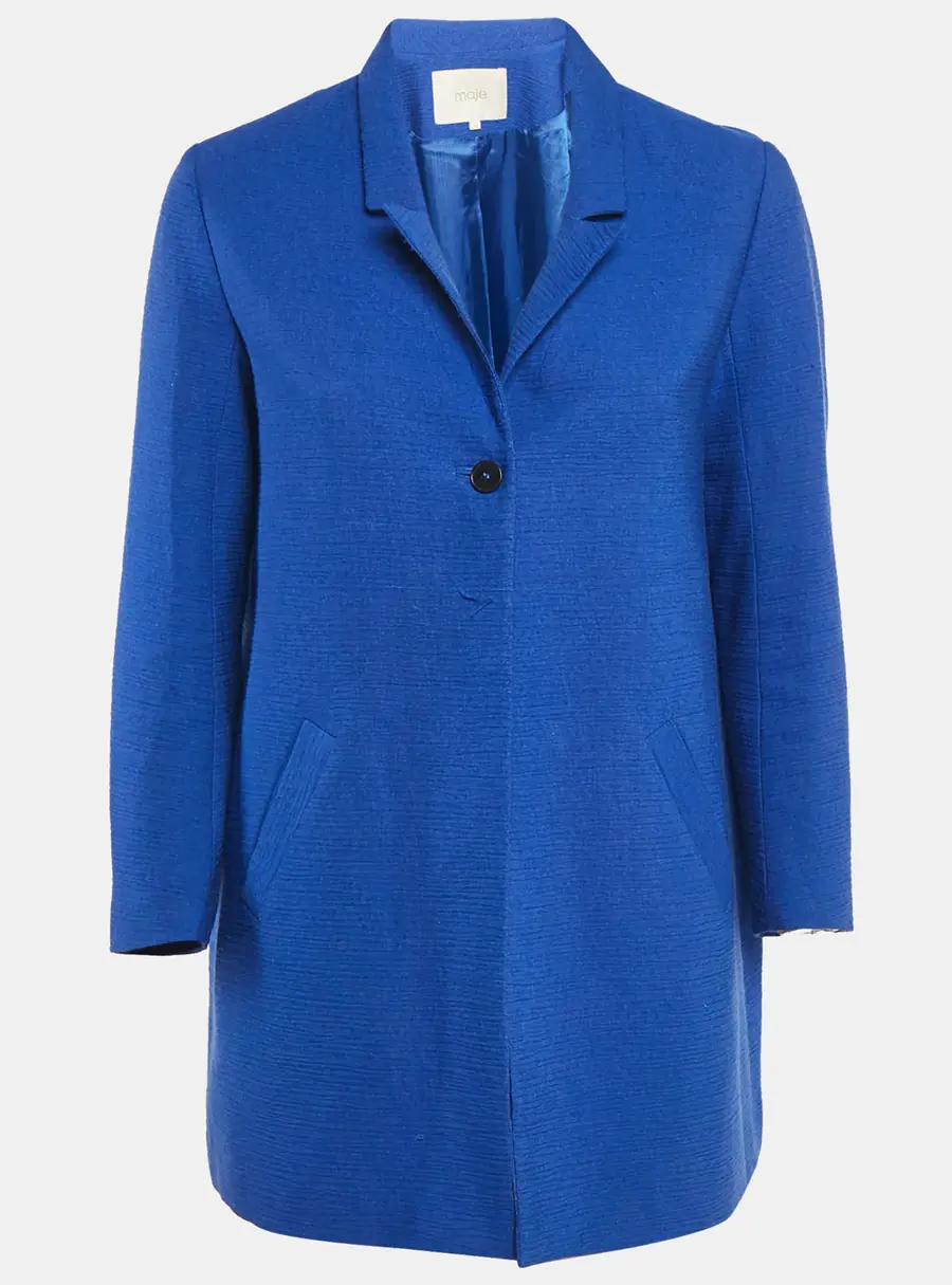 Maje Navy Blue Textured Cotton Blend Overcoat S