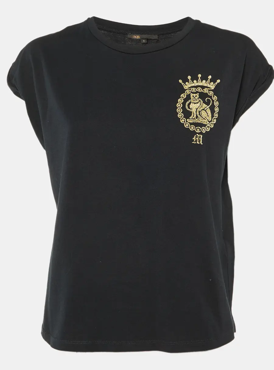 Maje Black Cotton Embroidered Torino Crew Neck T-Shirt L