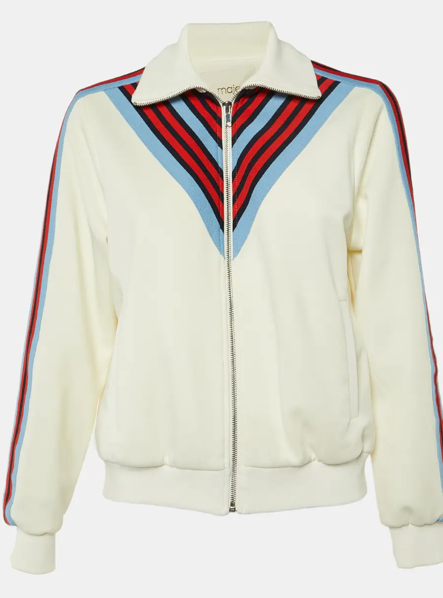 Maje White Jersey Striped Trim Manela Zip Up Jacket M