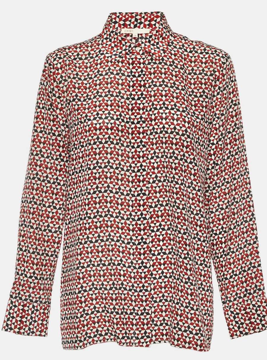 Maje Tricolor Geometric Print Silk Button Front Shirt L
