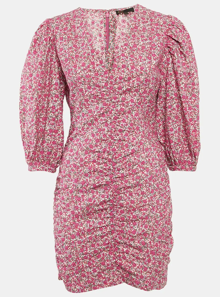 Maje Fuchsia Pink Floral Print and Embroidery Puff Sleeve Mini Dress L