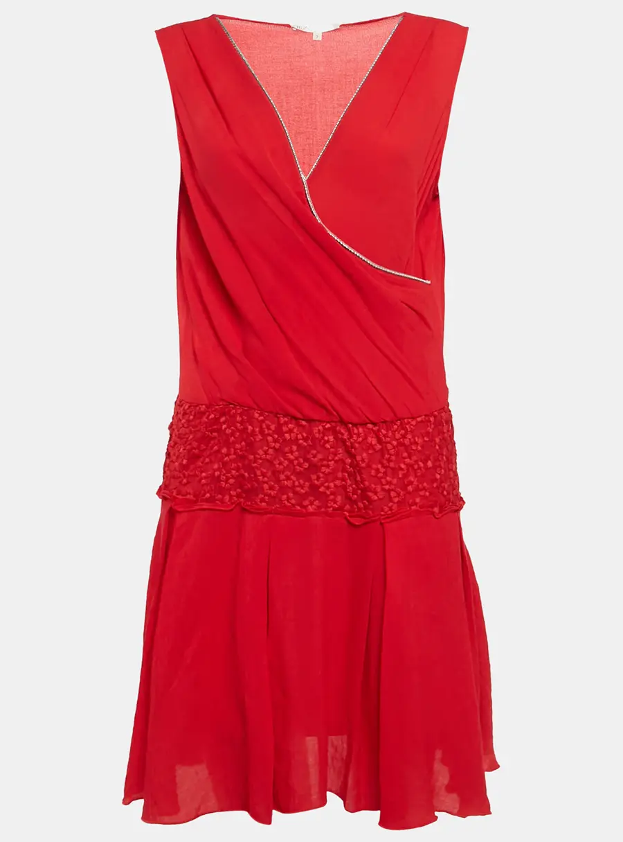 Maje Red Embroidered Tulle Trim Crepe Short Dress M