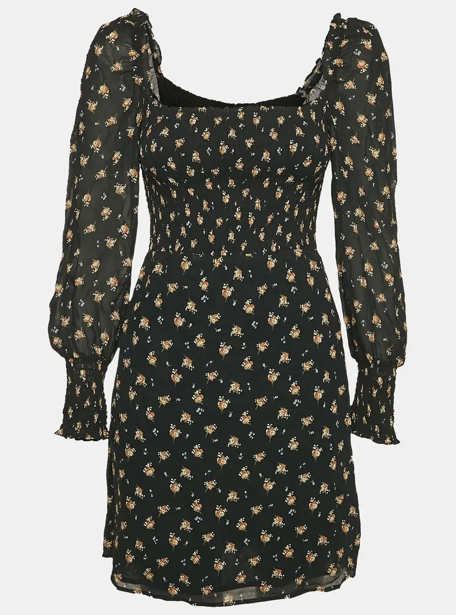 Maje Black Floral Print Crepe Smocking Detail Mini Dress M