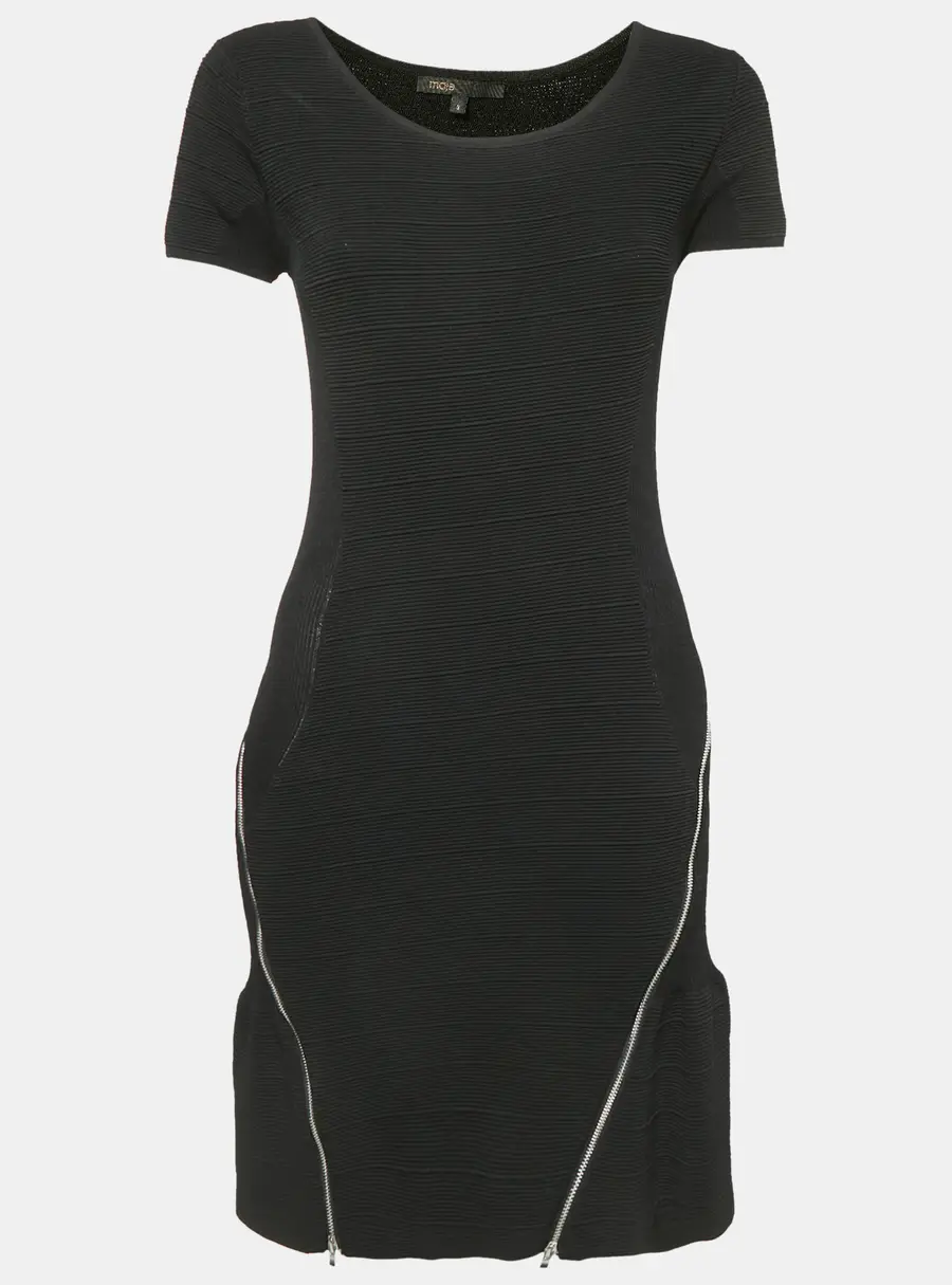 Maje Black Patterned Knit Zip Detail Short Dress S