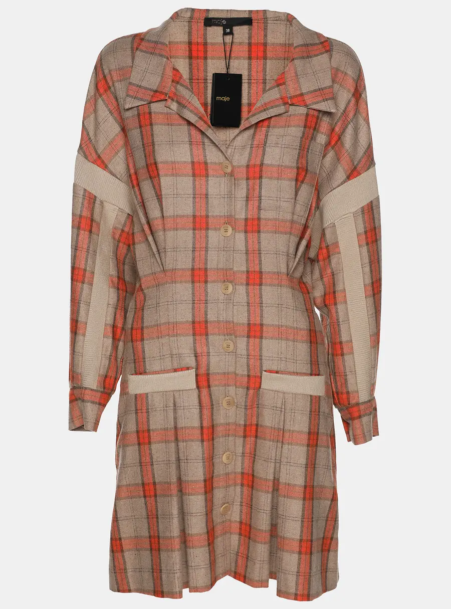 Maje Beige/Orange Check Wool Blend Knit Shirt Dress M