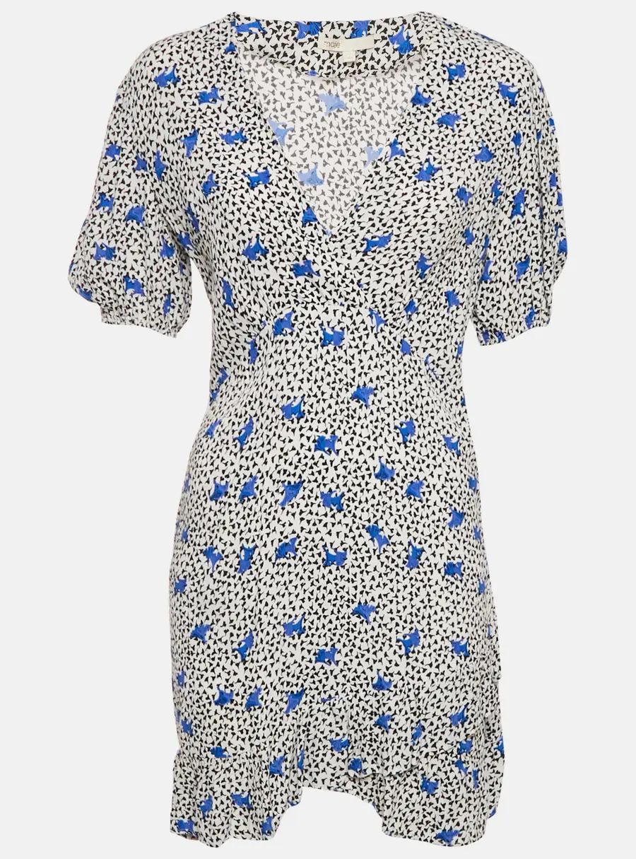 Maje White Floral Print Crepe Asymmetric Ruffled Mini Dress M