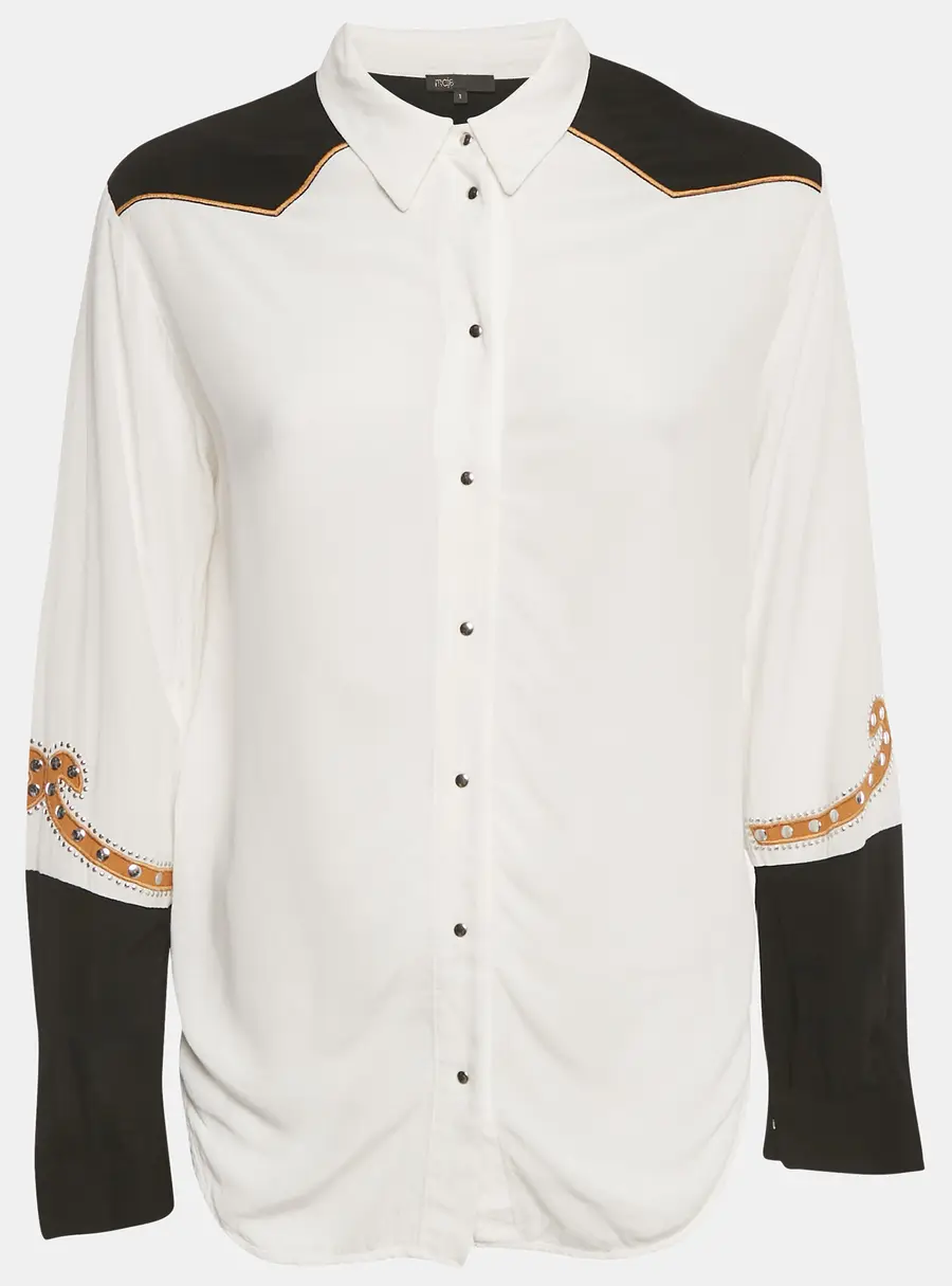 Maje White & Black Love Embroidered Crepe Chesti Shirt S