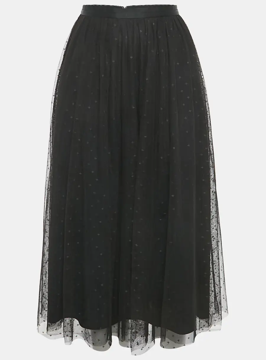 Needle & Thread Black Patterned Tulle Flared Midi Skirt S
