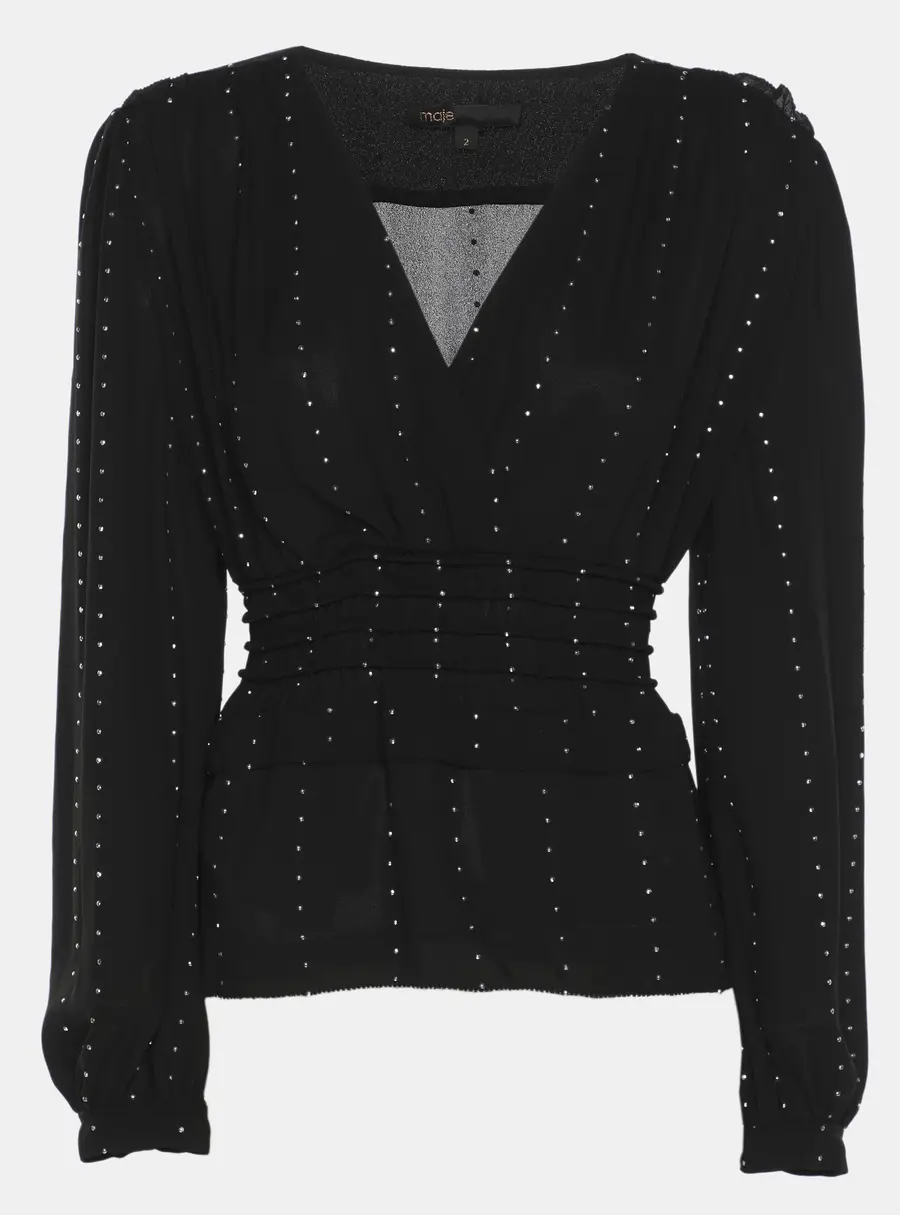 Maje Black Creep Crystal Embellished V Neck Top S