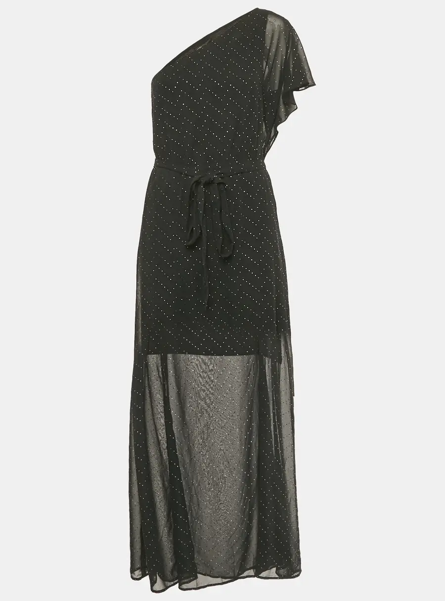 Maje Black Embellished One Shoulder Crepe Maxi Dress L