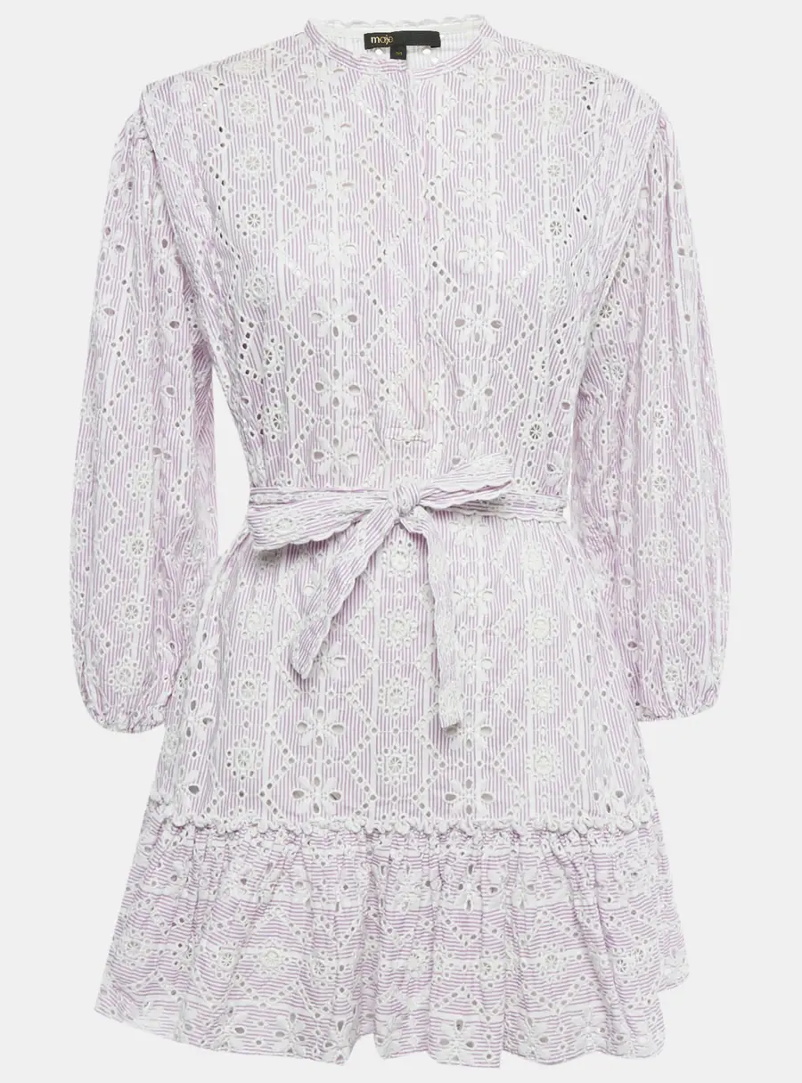 Maje Purple Embroidered Cotton Belted Mini Dress S