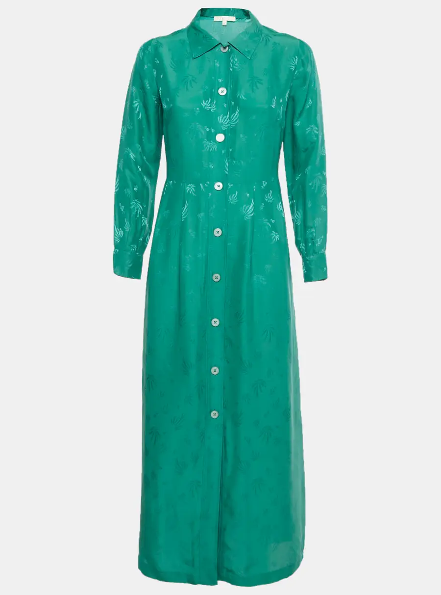 Maje Green Palm Tree Jacquard Sateen Midi Dress M