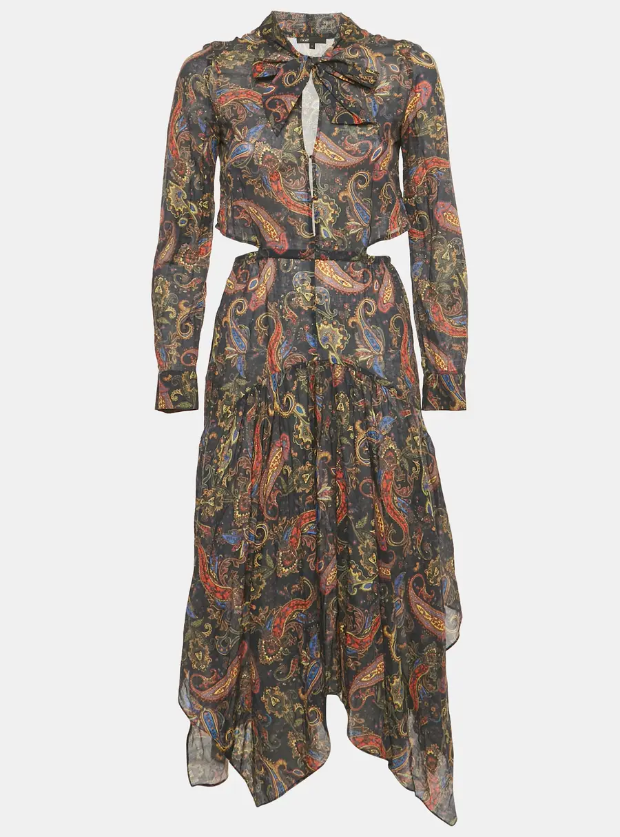 Maje Blue Paisley Print Citton Cut-Out Asymmetric Midi Dress S