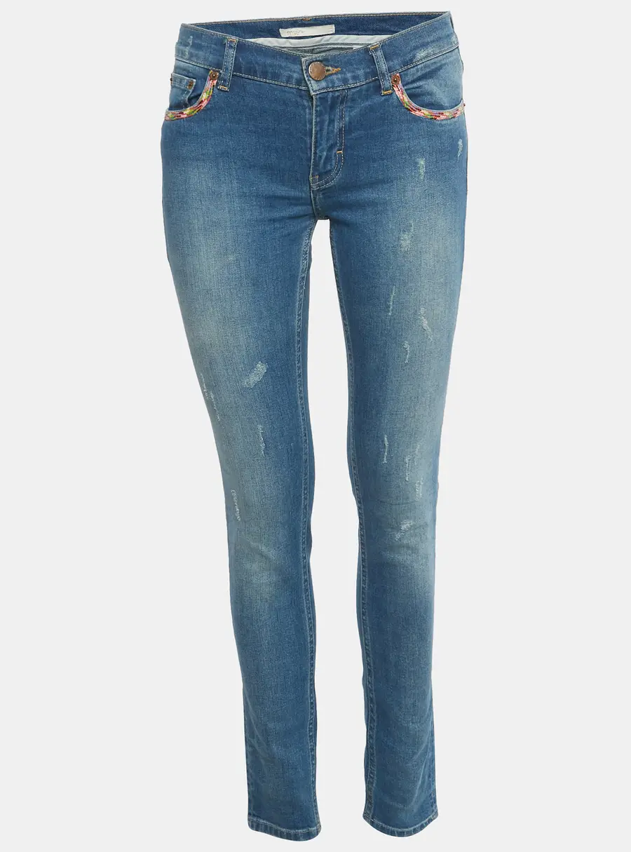 Maje Blue Distressed Demin Embellished Trim Low Waist Jeans XS Waist 28"