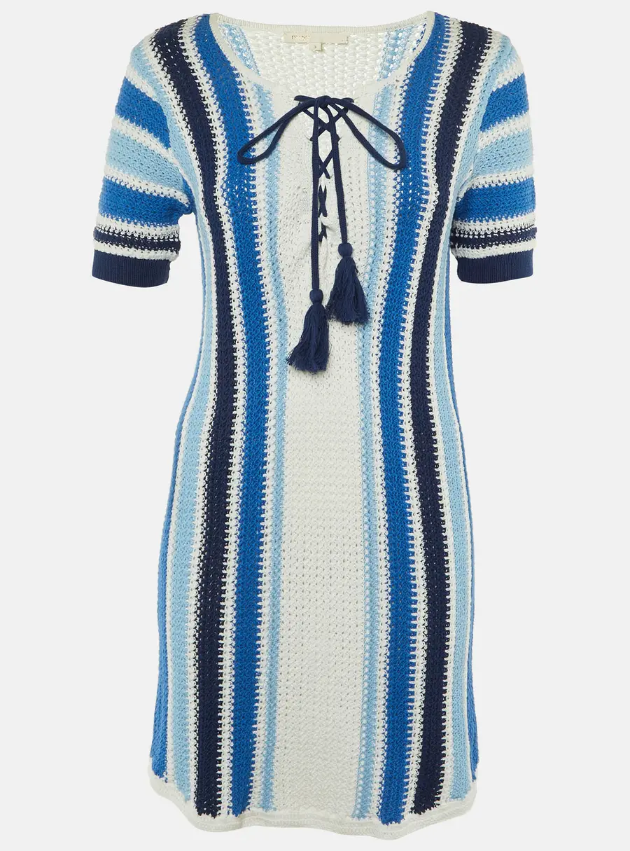 Maje Blue Striped Crochet Knit Reedlay Mini Dress L