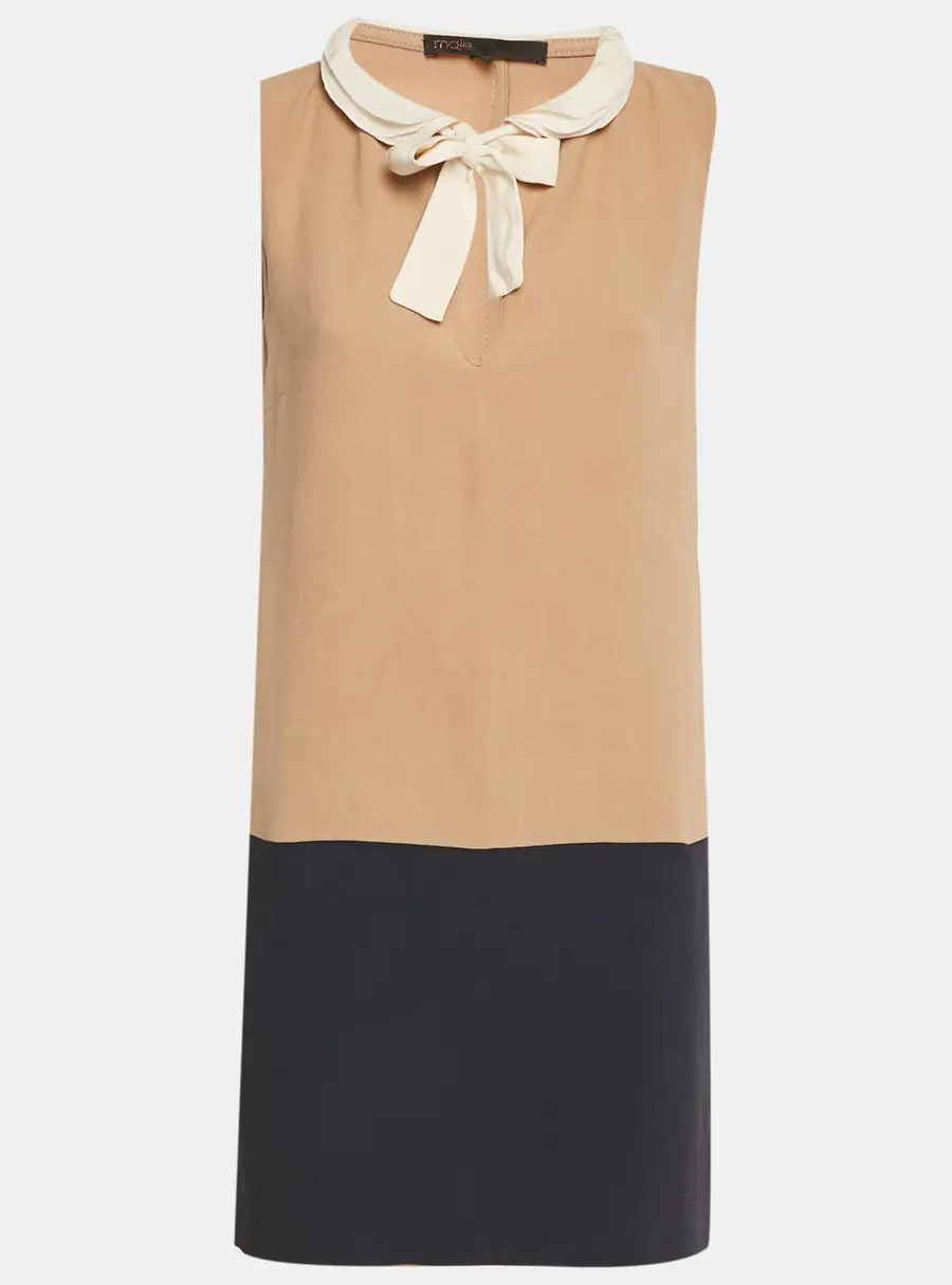 Maje Beige/Navy Blue Crepe Neck-Tie Mini Dress M