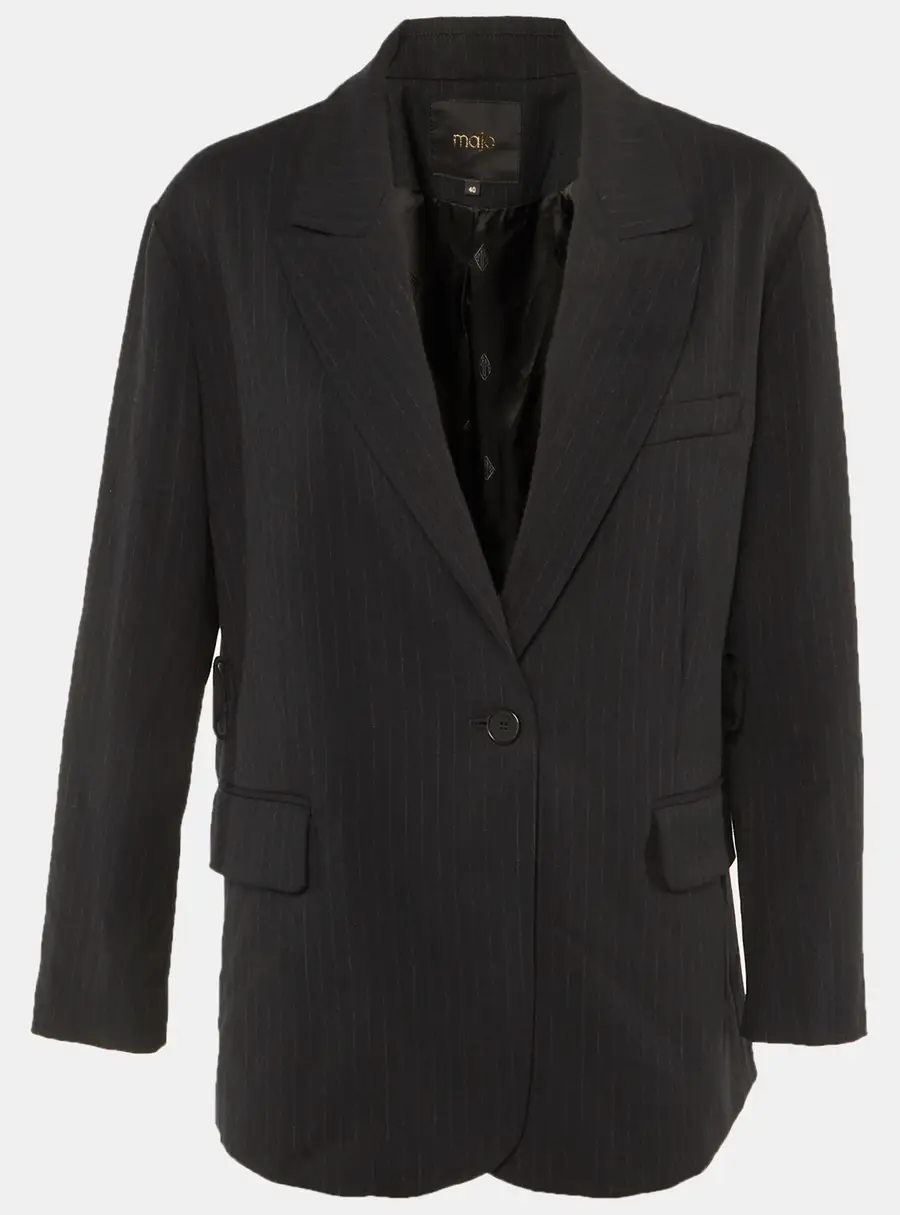Maje Black Striped Crepe Single Breasted Blazer L