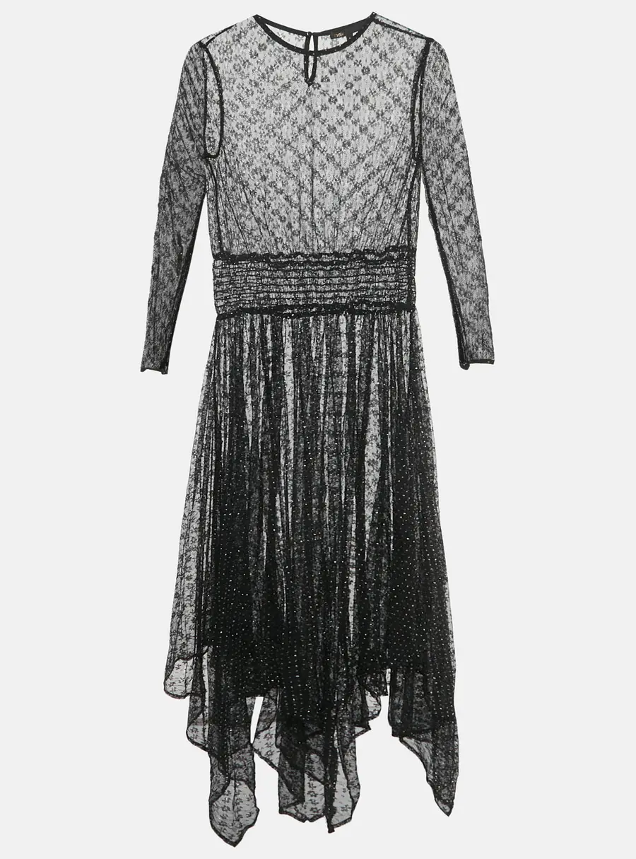 Maje Black Glittered Stretch Mesh Sheer Handkerchief Midi Dress S