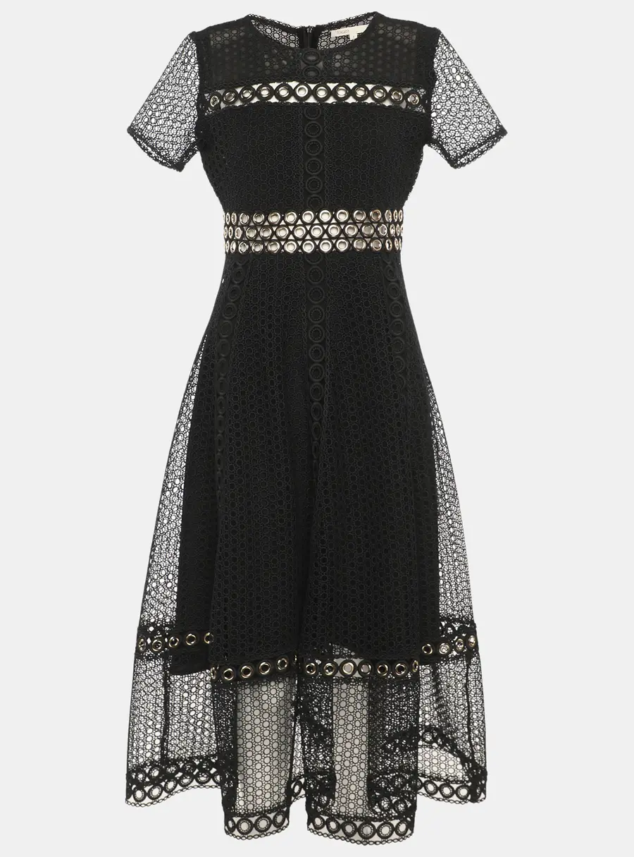 Maje Black Lace Grommet Short Sleeve Midi Dress S