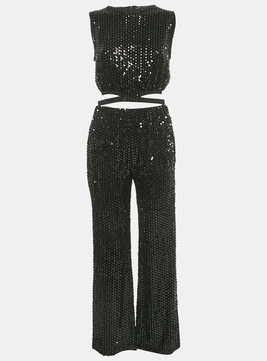 Maje Black Sequin Crop Top & Pants Set S