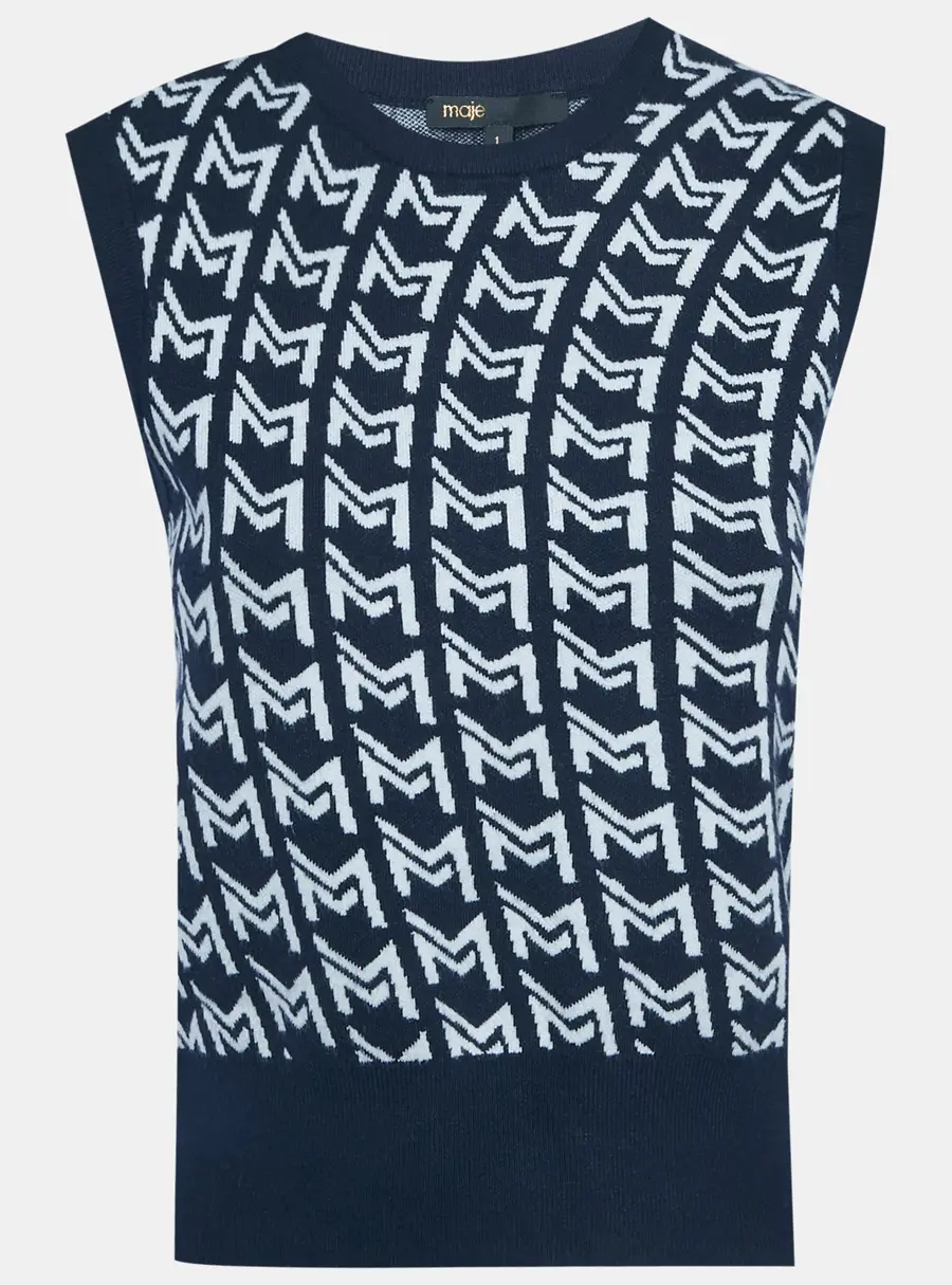 Maje Blue Monogram Jacquard Sleeveless Sweater S