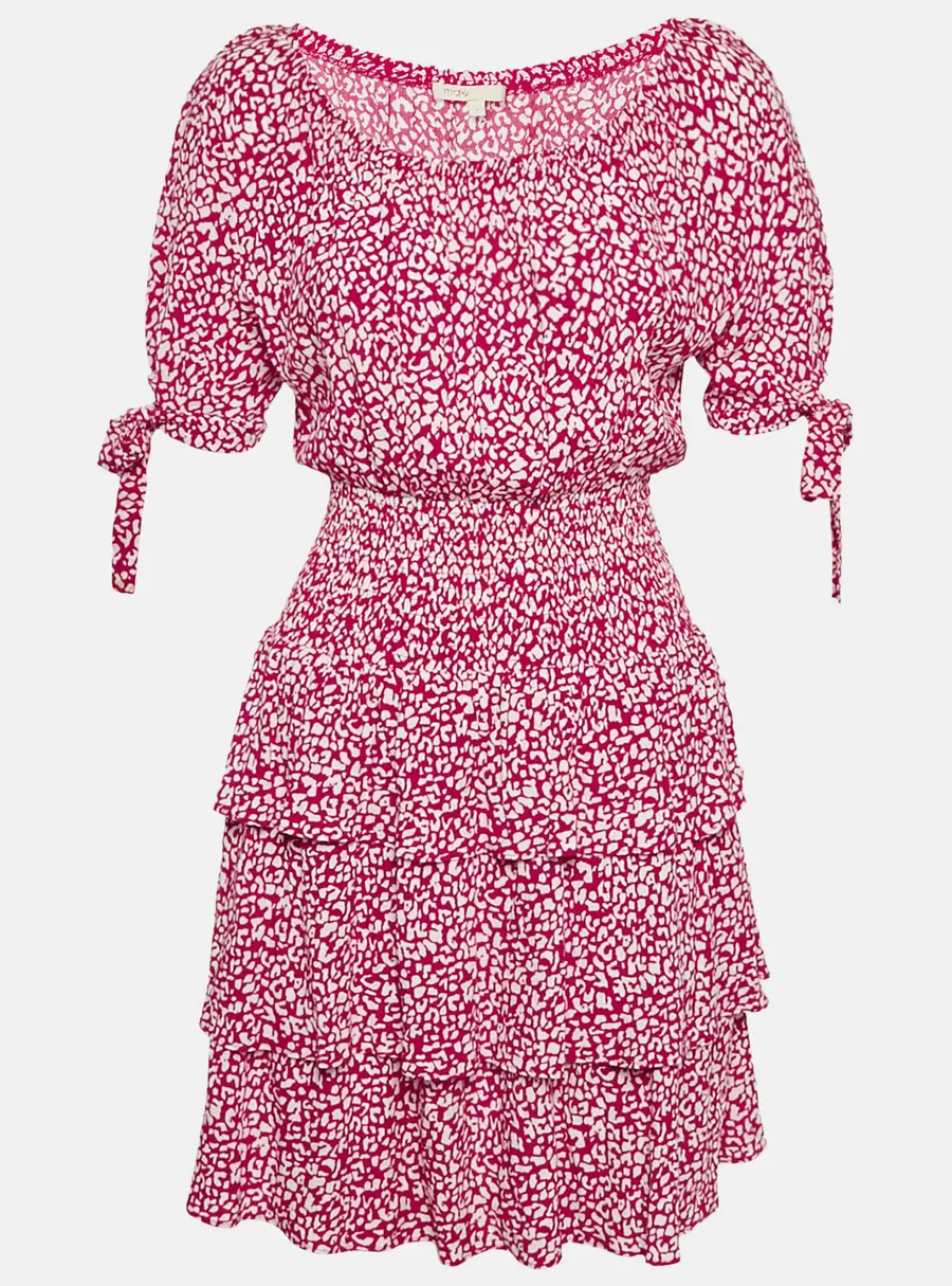 Maje Red Animal Printed Crepe Tiered Off-Shoulder Mini Dress S