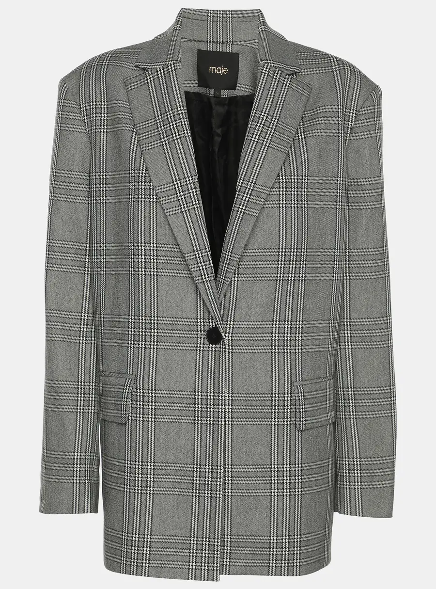 Maje Grey Checked Gabbardine Single Breasted Blazer S