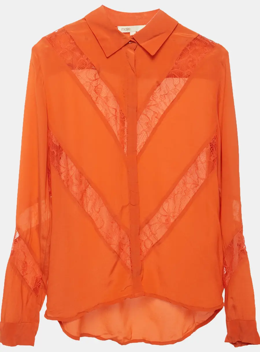 Maje Orange Silk Lace Detail Shirt XS