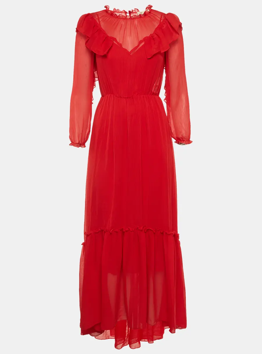 Maje Red Chiffon Ruffle Maxi Dress S