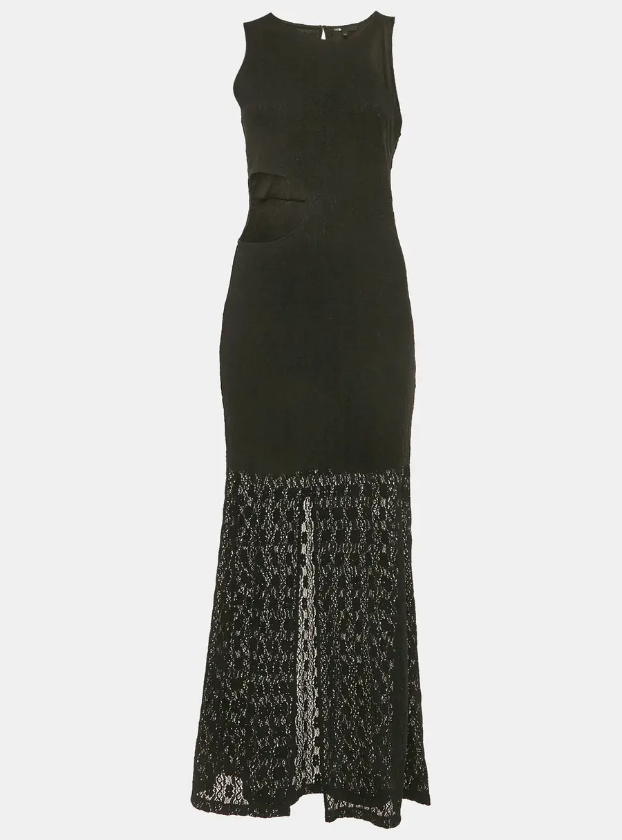 Maje Black Semi Sheer Stretch Lace Cutaway Maxi Dress L