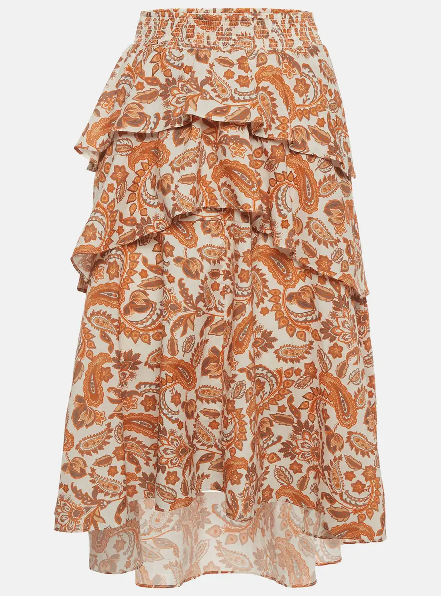 Maje Off-White/Orange Paisley Print Cotton Asymmetrical Midi Skirt S