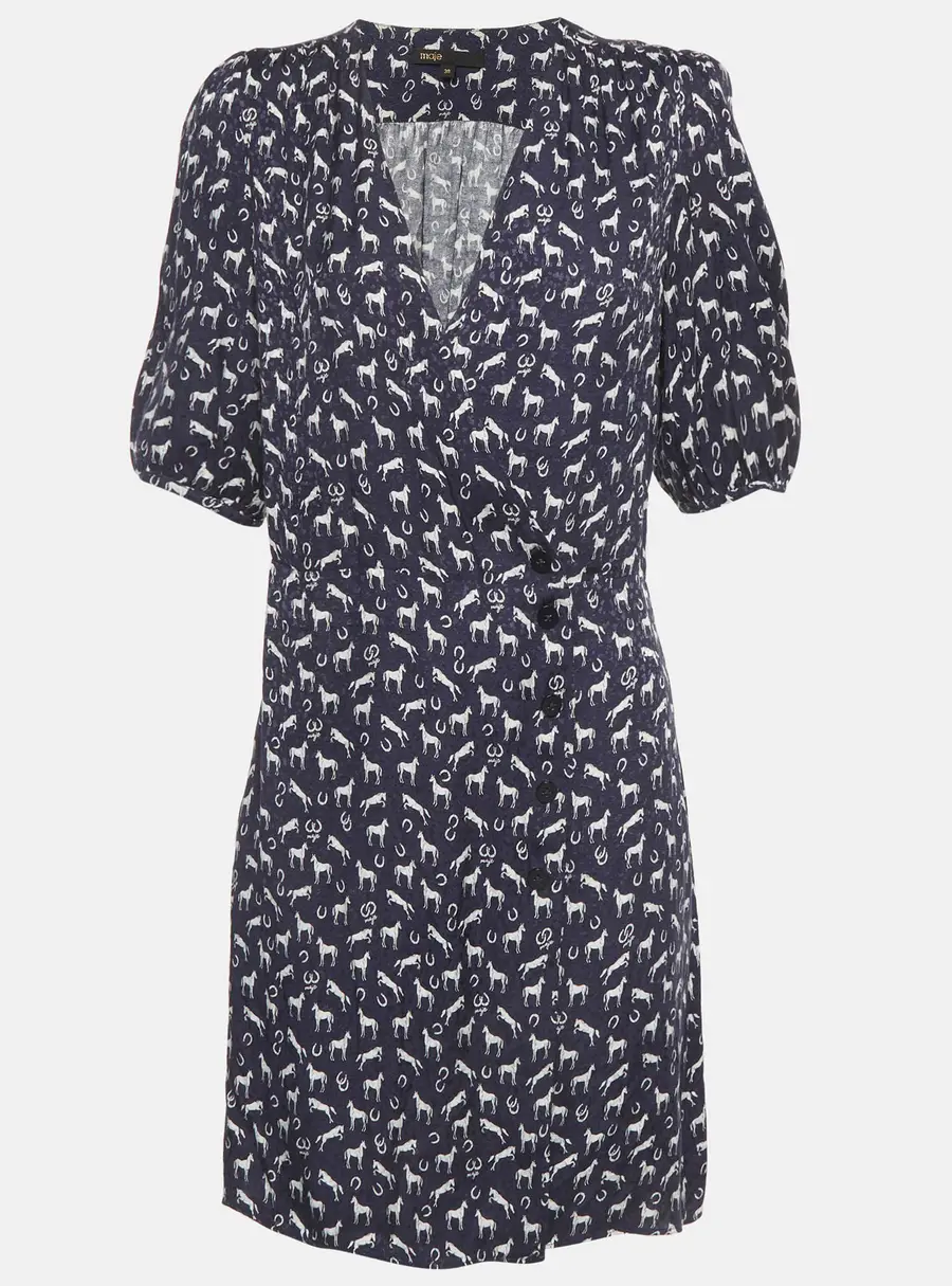 Maje Navy Blue Horse Print Jacquard Mini Wrap Dress M